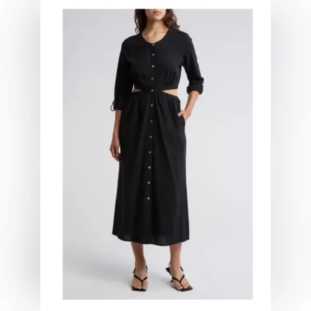Lovestitch Cotton Cutout Button Front Dress in Classic Black NWT